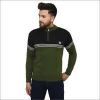 Mens Half Zipper Sweater - Acrylic Blend, Size Xl, Black And Green | Full Sleeves, Round Neck, Elegant Style For Chilly Days