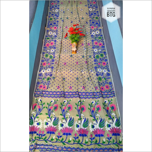 Cream And Blue Hongsuraj Jamdani Saree