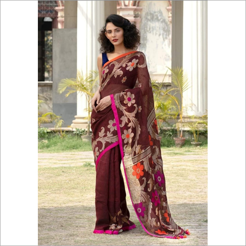 Brown Muslin Saree