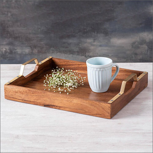 Acacia Wood Golden Handle Tray