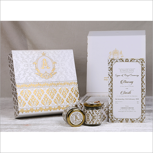 Designer Wedding Invitation Box - Cardboard, Paper | Variable Dimensions, White Color, Magnetic Closure, Elegant Design, Secure Presentation, Gold Foil Printing