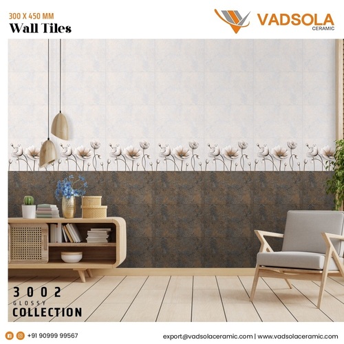 300 X 450 mm Glossy Finish Wall Tiles - Ceramic Material, Polished Finish , Acid-Resistant Design for Stylish Interior Aesthetics