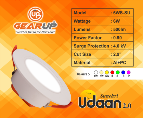 6W Concealed Down Light - PC + Aluminium, 2.9 Inch Round Size, Multi Color Options, Durable & Economical Range by Gear-Up Lighting
