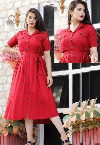 Red Breathable Pocket Button Kurti