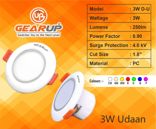 3W Udaan Deep Junction - PC Material, Cut Size 1.8" | Multi-Color Concealed Down Light, Power Factor >0.90, Ideal for Ambience