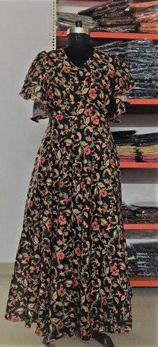 Washable Ladies Floral Printed Black Gown