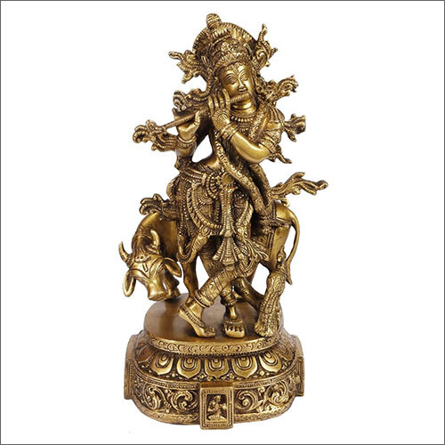 Brass Krishna With Flute And Cow