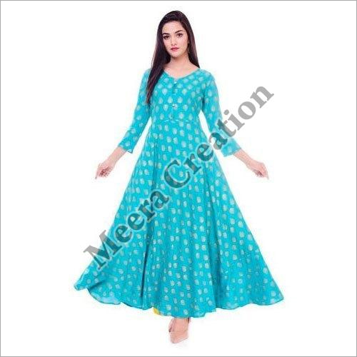 Ladies Anarkali Cyan Cotton Kurtis