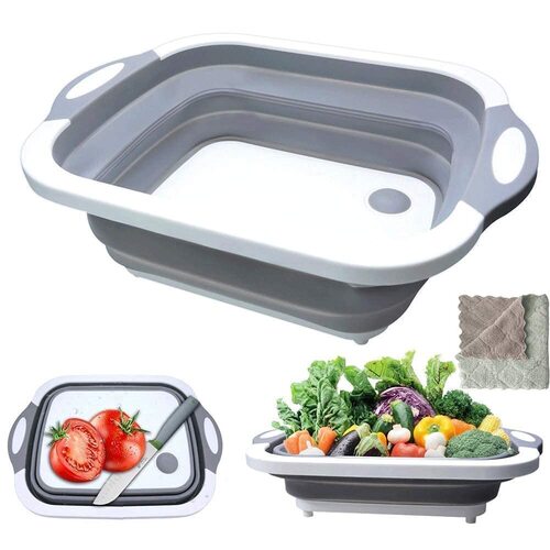 3 in 1 Chopping Board Collapsible Dish Tub, Vegetable Fruit Washing Draining Basket with Plug Folding Washbasin Basket - Food Grade PP + TPR, Multi Color | Ergonomic Handle, Slip-Proof Bottom, Indoor & Outdoor Use