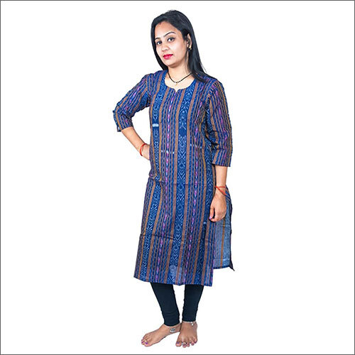Ladies Blue Cotton Key Hole Neck Kurta