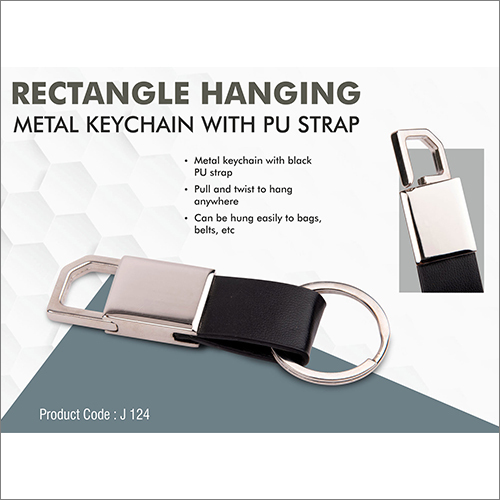 Black Rectangle Hanging Metal Keychain With Pu Strap