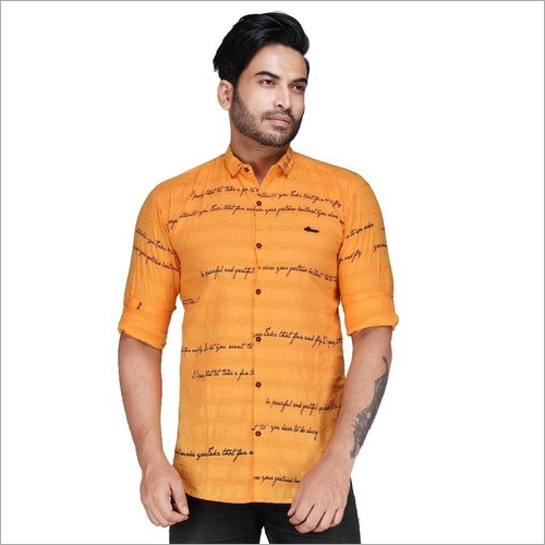 Men Cotton Casual Washable Shirts - Customized Sizes, Full Sleeves, Yellow Print | Breathable, Skin-Friendly, Colorfast Fabric