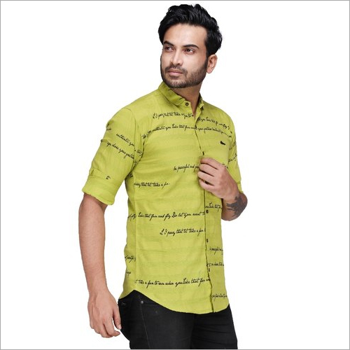 Cotton Men's Casual Printed Shirt - Light Green, Full Sleeves | Washable Material, Custom Sizes Available
