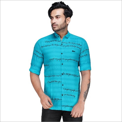 Washable Mens Blue Cotton Casual Printed Shirt