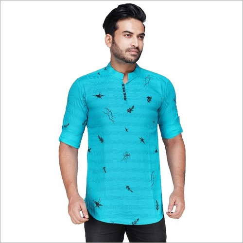 Men's Casual Printed Kurta - Cotton, Customized and Regular Fit Sizes, Light Blue Color, Long Sleeves - Breathable, Sweat Absorbent, Machine Washable