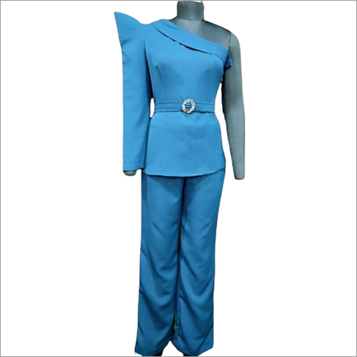 Teal Blue Co-Ordinate Set With Belt And Power Sleeves