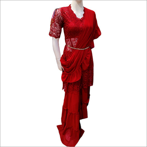 Red Drape Indo-Western Saree Sharara Set