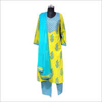 Yellow-blue Printed Cotton Suit With Gota Work And Chiffon Dupatta