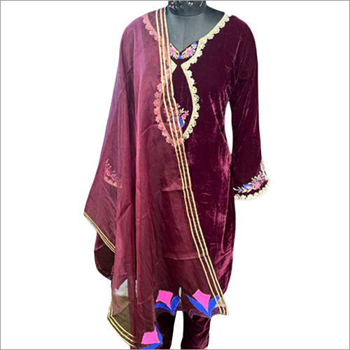 Mahroon Velvet Emroidered Suit Set With Organza Applique Work Dupatta