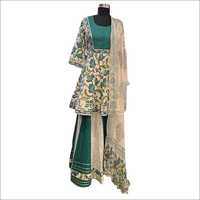 White And Turquoise Printed Cotton Gharara Suit