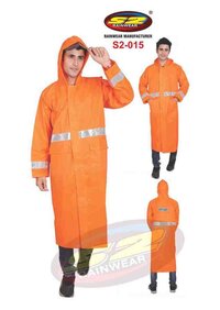PU Long Rain Coat - PU Polyester Fabric, Free Size, Fluorescent Orange/Green/Yellow | Waterproof, Reflective Tape, Multi-Pocket Design, Lightweight, Inner Tapping for Rain Protection