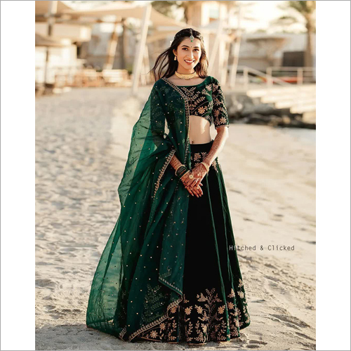 Green Colored Velvet Fabric Embroidered Party Wear Lehanga Choli LC 91