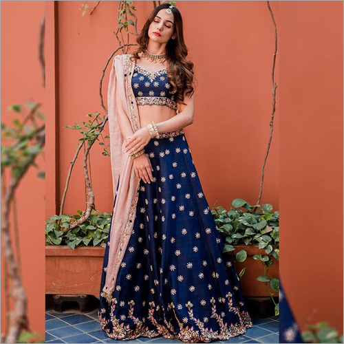 Blue Malay Satin Fabric Embroidered Party Wear Lehanga Choli LC 86