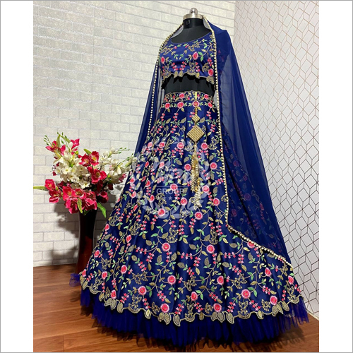 Blue Malay Satin Fabric Embroidered Party Wear Lehanga Choli LC 84