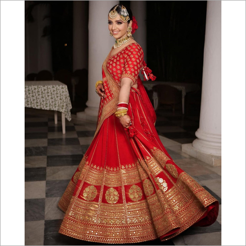 Red Malay Satin Fabric Embroidered Lehenga Choli LC 60