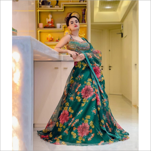 Green Printed Orgenja Fabric Embroided Lehenga Choli LC 61