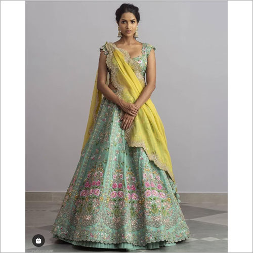 Cyan Color Silk Fabric Heavy Embroidery Work Bridal Look 3 Piece Lehenga  Choli