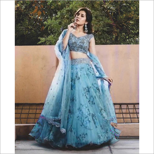 Supriya's Wedding Wear Net Base Full Flared Sky Blue Lehenga at Rs 35000 in  Anand