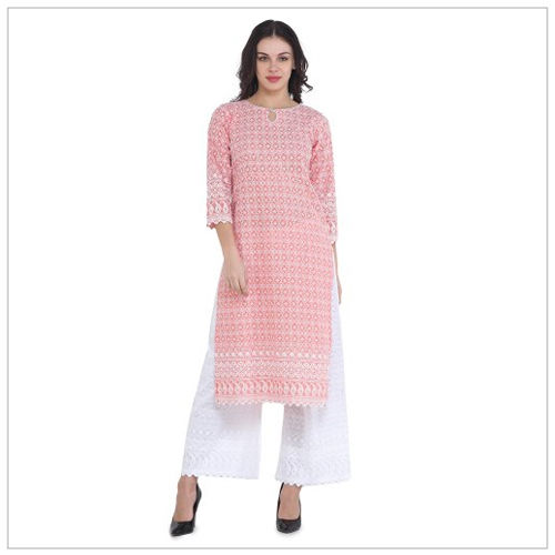 Womens Chikan Straight Kurti And Plazzo Set Pink