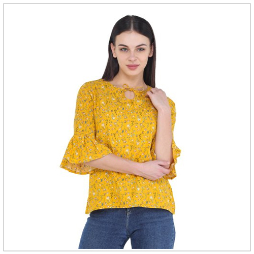 Summer Women Printed Top Casual Wear Yellow