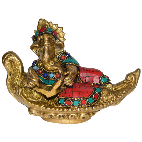 Lord Ganesha Reclining Stone Work Brass Metal Statue