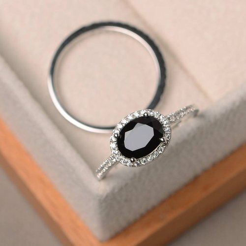 White Gold Oval Cut Black Diamond Wedding Ring
