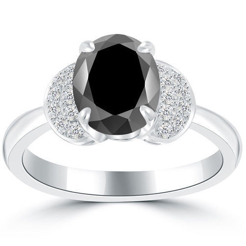14k White Gold Black Diamond Oval Shaped Engagement Ring 2.04 Ct