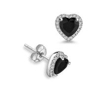 Heart Shape Halo Stud Earrings In Black Diamonds Push Back In 14K White Gold 1.5 CT