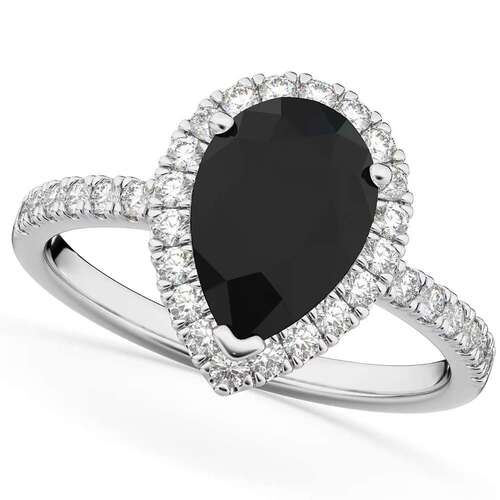 Pear Shape Halo Engagement Ring In Black Diamonds With Side Accent In 14K White Gold 2 CT