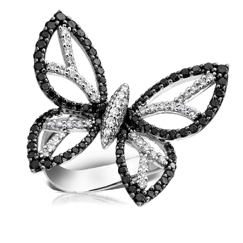 Black And White Diamond Butterfly Ring In 14k White Gold For Women''S