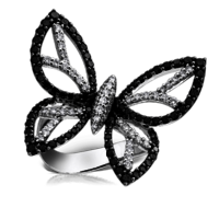 Black And White Diamond Butterfly Ring In 14k White Gold For Women''S