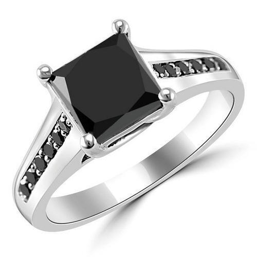 Fancy Black Diamond Princess Cut With Accents Ring In 14K White Gold Diamond Carat Weight: 2.00 Carat