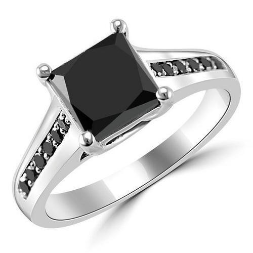 Fancy Black Diamond Princess Cut With Accents Ring in 14k White Gold
