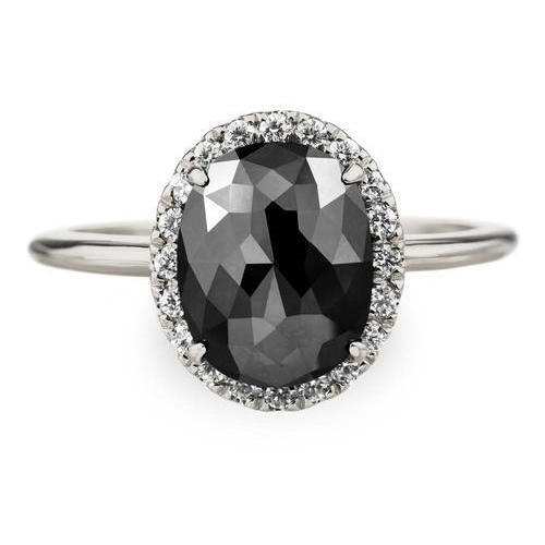 Halo Oval Shape Black Diamond Ring In 14K White Gold Diamond Carat Weight: 2.00 Carat