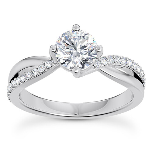 Solitaire Diamond Ring With Side Diamonds Twisted Bands In Synthetic Diamonds 18K White Gold 1.5 CT
