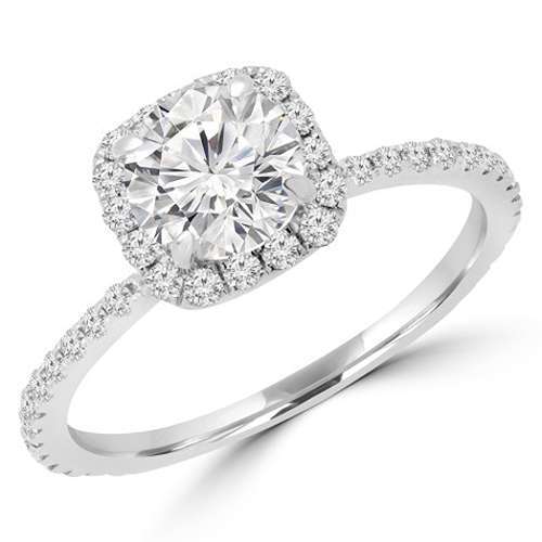 Round Diamond Cushion Halo Engagement Ring In Lab Grown Diamond In 14 K White Gold With Side Accents 2 ct