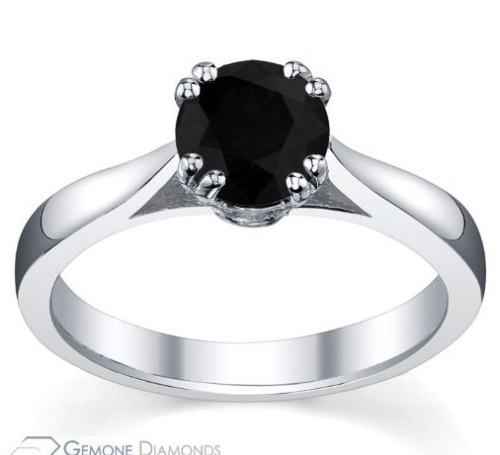 Natural Black Diamond Round Solitaire Ring In 14 K White Gold 1 CT