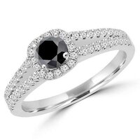 Round Black Diamond Cushion Halo Engagement Ring In 14K White Gold With Accents In Split-Shank