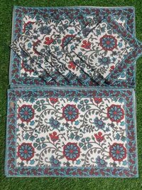 Cotton Table Mats Set - 12x18 Inches, Blue Floral Pattern | 6 Piece Set, Machine Washable, Lightweight 0.5 Kg