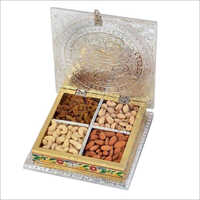 Meenakari Dry Fruit Box - Wooden, 6x6x3 Inch, Silver And Golden Color | Glossy Lamination Finish, 4 Compartment Design